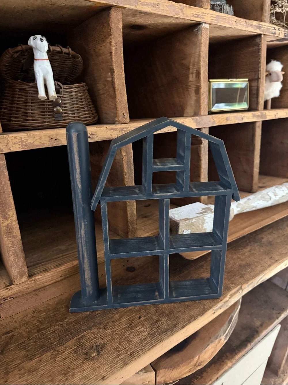 Rustic Small Farmhouse House Shelf Décor in Distressed Blue